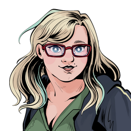 A drawn bust of a blonde, feminine looking individual. They have blonde hair, blue eyes, and red framed glasses and are wearing a green shirt and dark blue jacket. They're smiling toward the viewer. The art is done by artist LucDrawsThings.